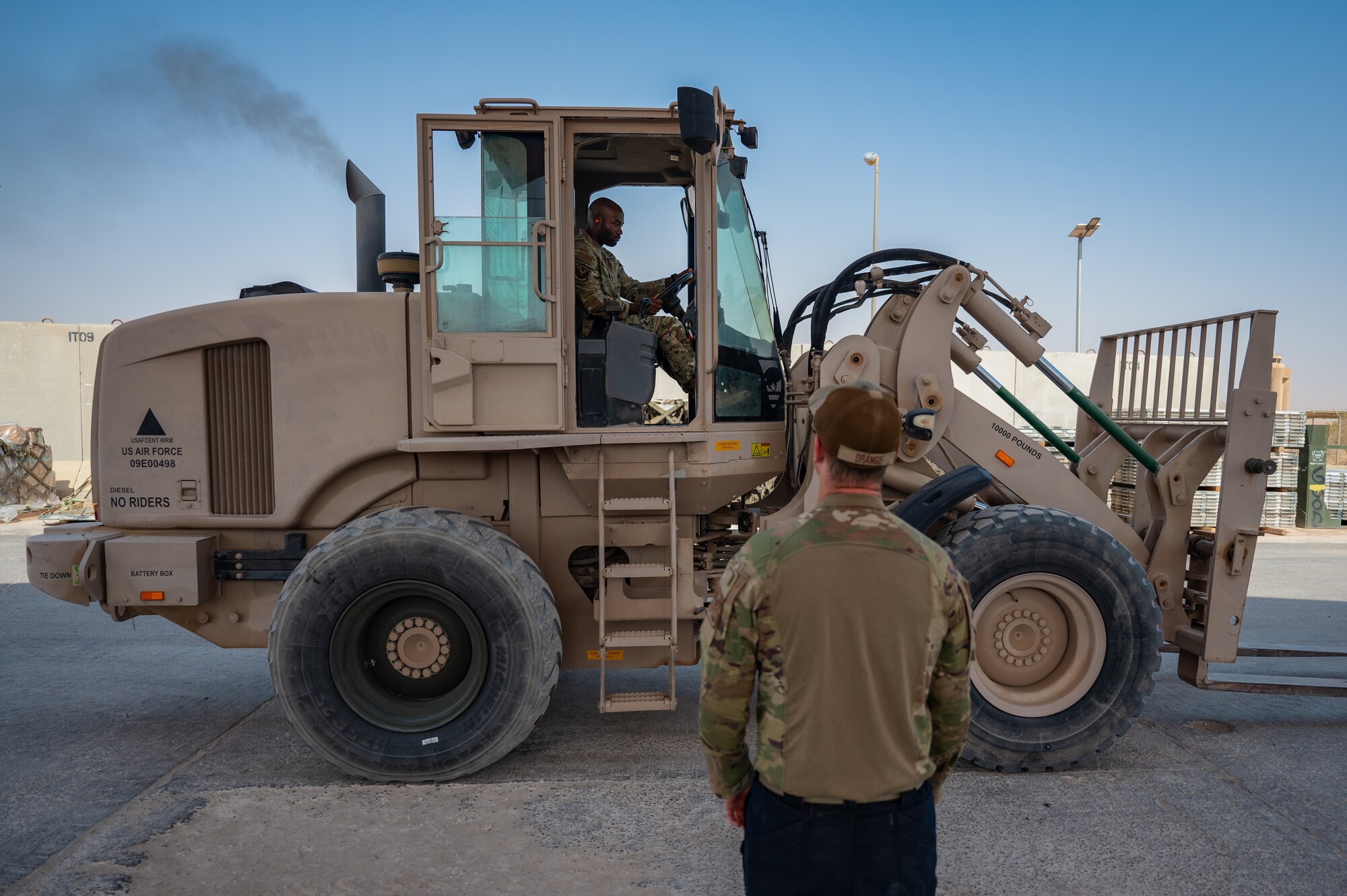 U.S. Air Force 1st Lt. Brian Stone, 378th Expeditionary Communications Squadron plans and resources flight commander, operates a forklift at an undisclosed location within the U.S. Central Command area of responsibility, July 10, 2024. As Stone immersed himself in the ELRS's daily operations and diverse missions, he began to see the bigger picture and adapted to his new role as the director of operations. (U.S. Air Force photo)