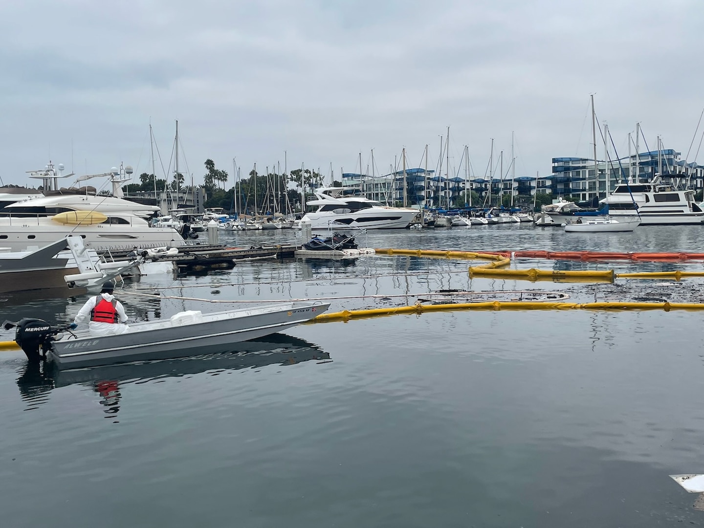 The Unified Command continues to coordinate the recovery of diesel fuel and reports no active sheening after a 105-foot yacht caught fire in Marina del Rey, California, September 20, 2024. Additionally, air monitoring is being conducted within the area. There are currently no reports of a threat to public health. (Photo by CDFW-OSPR)