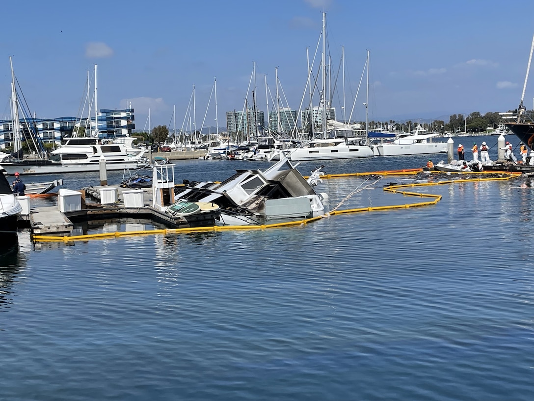 The Unified Command continues to coordinate the recovery of diesel fuel and reports no active sheening after a 105-foot yacht caught fire in Marina del Rey, California, September 20, 2024. Additionally, air monitoring is being conducted within the area. There are currently no reports of a threat to public health. (Photo by CDFW-OSPR)