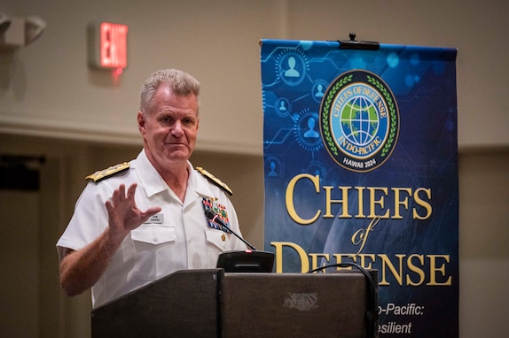 Adm. Samuel J. Paparo, commander of U.S. Indo-Pacific Command, speaks at the 26th annual Indo-Pacific Chiefs of Defense conference, in Kona, Hawaii, Sept. 19, 2024. Senior military leaders from 28 countries and multilateral organizations attended the conference, titled "The Future Indo-Pacific: Building a Resilient and Interconnected Region," to build on and strengthen relationships to enhance mutual understanding, cooperation and a consistent operational framework, while underscoring international commitment to protecting shared interests across the Indo-Pacific. (U.S. Navy photo by Mass Communication Specialist 1st Class John Bellino)