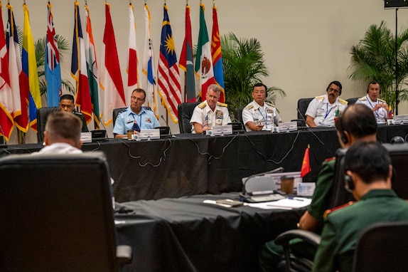 Adm. Samuel J. Paparo, center, commander of U.S. Indo-Pacific Command, engages in dialogue at the 26th annual Indo-Pacific Chiefs of Defense conference, in Kona, Hawaii, Sept. 19, 2024. Senior military leaders from 28 countries and multilateral organizations attended the conference, titled "The Future Indo-Pacific: Building a Resilient and Interconnected Region," to build on and strengthen relationships to enhance mutual understanding, cooperation and a consistent operational framework, while underscoring international commitment to protecting shared interests across the Indo-Pacific. (U.S. Navy photo by Mass Communication Specialist 1st Class John Bellino)