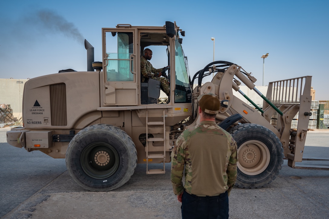 U.S. Air Force 1st Lt. Brian Stone, 378th Expeditionary Communications Squadron plans and resources flight commander, operates a forklift at an undisclosed location within the U.S. Central Command area of responsibility, July 10, 2024. As Stone immersed himself in the ELRS's daily operations and diverse missions, he began to see the bigger picture and adapted to his new role as the director of operations. (U.S. Air Force photo)