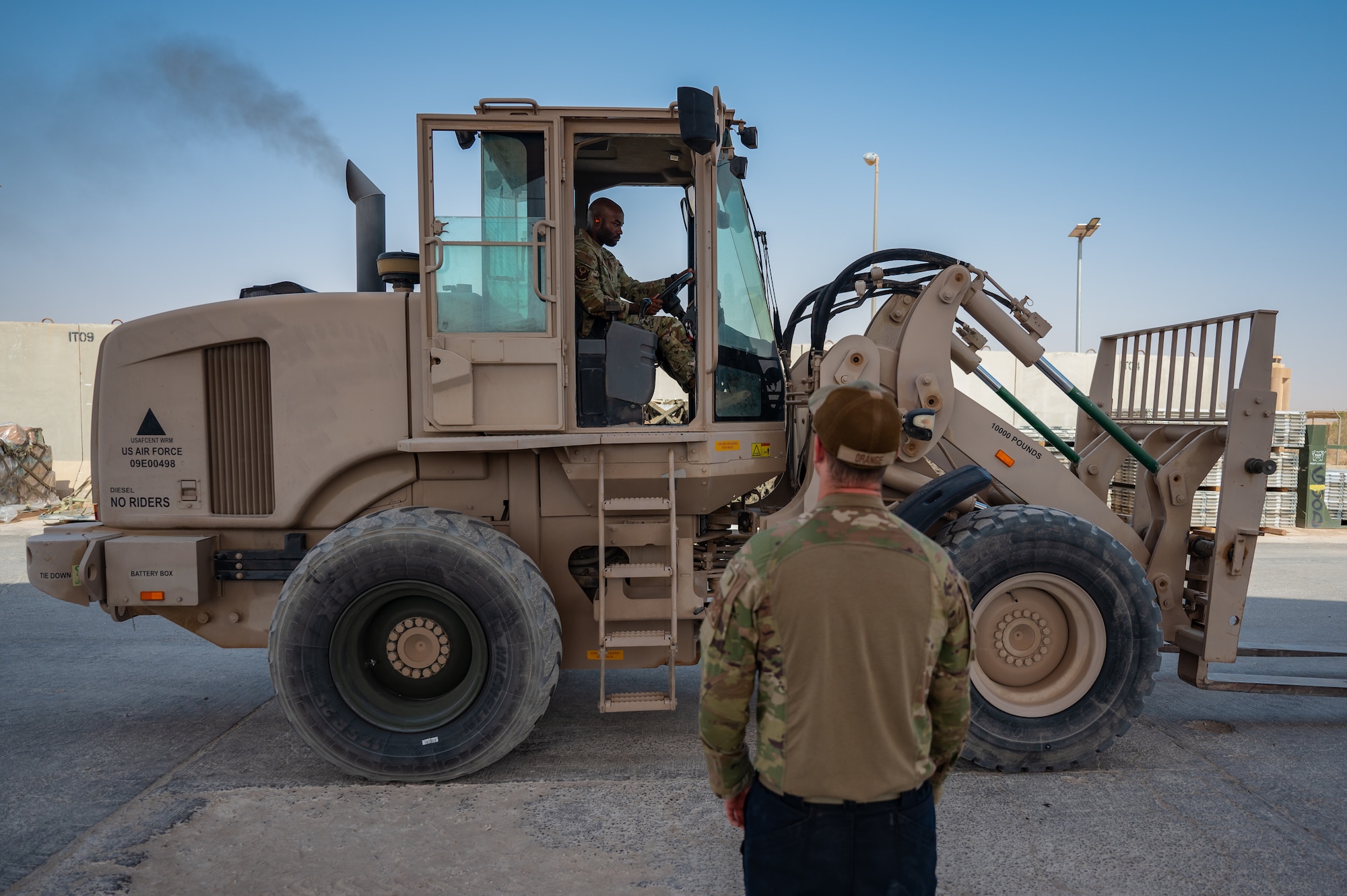 U.S. Air Force 1st Lt. Brian Stone, 378th Expeditionary Communications Squadron plans and resources flight commander, operates a forklift at an undisclosed location within the U.S. Central Command area of responsibility, July 10, 2024. As Stone immersed himself in the ELRS's daily operations and diverse missions, he began to see the bigger picture and adapted to his new role as the director of operations. (U.S. Air Force photo)