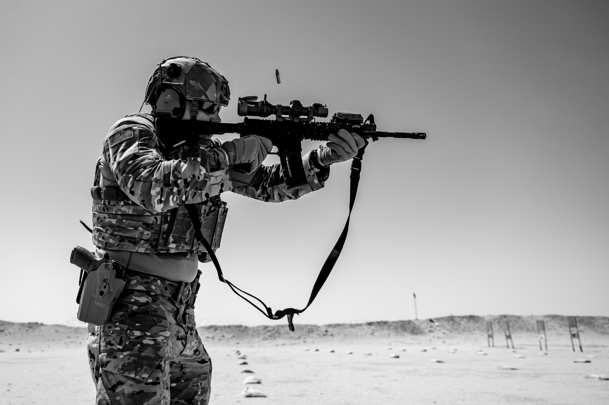 U.S. Air Force Master Sgt. Philip Sneed, 378th Expeditionary Security Forces Squadron operations superintendent, engages in weapon tactics at an undisclosed location within the U.S. Central Command area of responsibility, June 22, 2024. Sneed managed the security for the F-35 Lighting II project at Royal Air Force Lakenheath, England, during the base’s onboarding of the United States’ first fifth-generation fighter in Europe. (U.S. Air Force photo by Senior Airman Ryan Hayman)