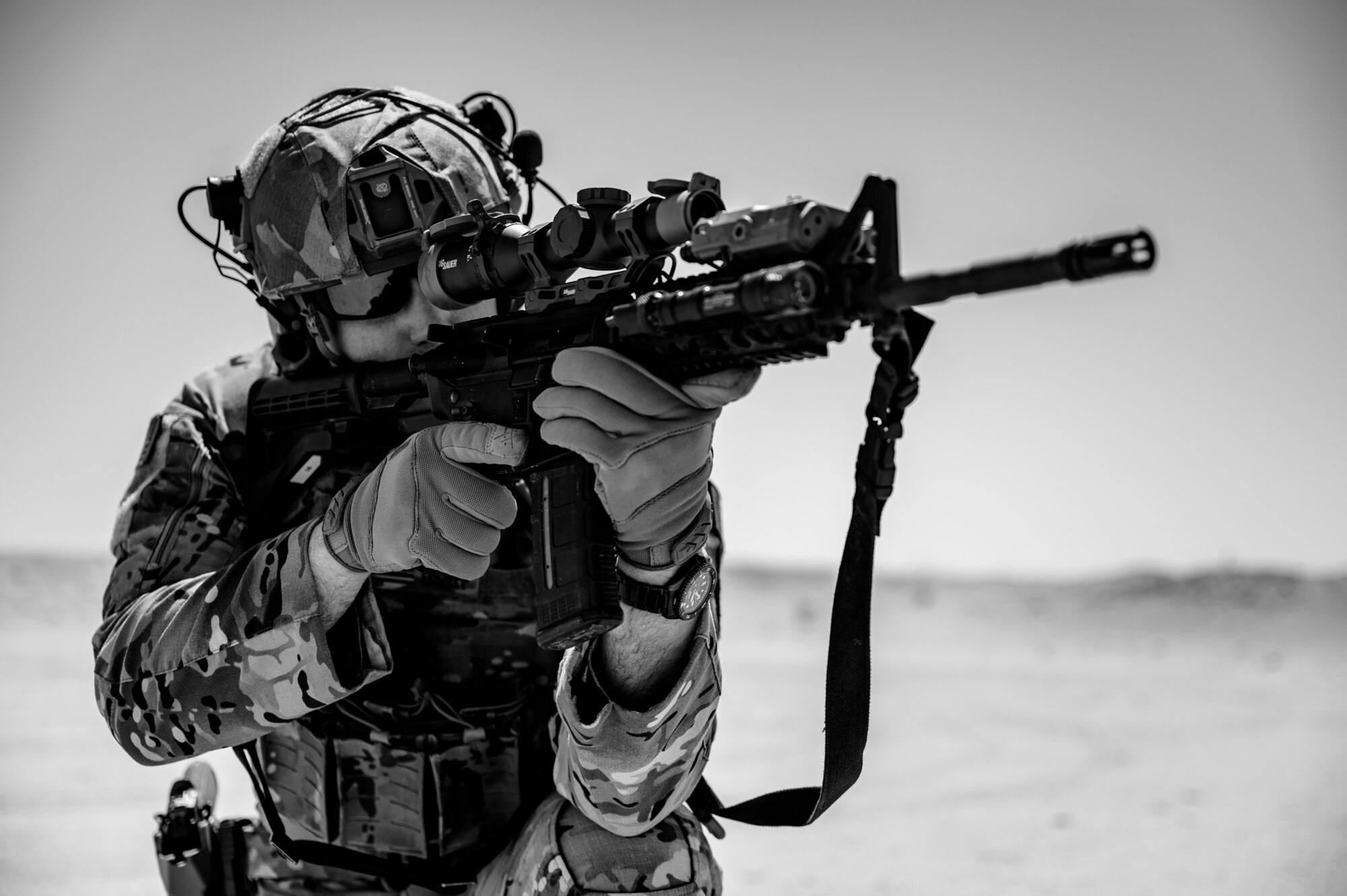 U.S. Air Force Master Sgt. Philip Sneed, 378th Expeditionary Security Forces Squadron operations superintendent, engages in weapon tactics at an undisclosed location within the U.S. Central Command area of responsibility, June 22, 2024. Sneed's work alongside ally and partner militaries throughout his career prepared him to assume a new role when he arrived at Dyess Air Force Base, Texas. (U.S. Air Force photo by Senior Airman Ryan Hayman)