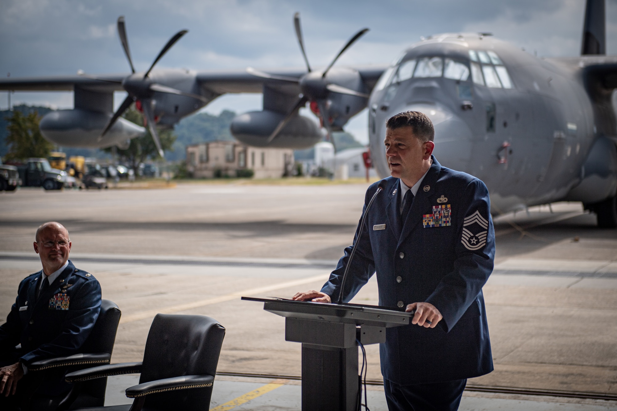 Chief Master Sgt. Erik Barber, 193rd SOAMXS senior enlisted leader, speaks to Airmen during his promotion ceremony at Middletown, Pennsylvania, September 22, 2024