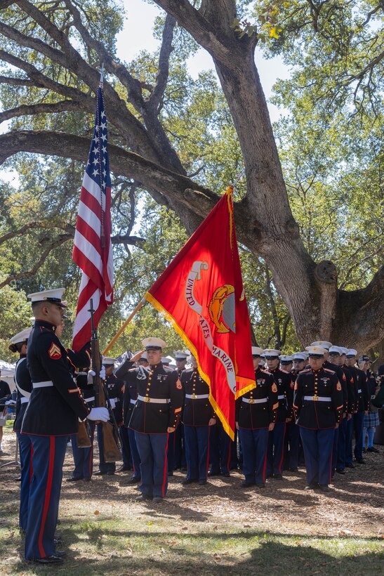 A U.S. Marine Corps color guard with Combat Logistics Battalion 23 present the colors during a memorial ceremony in Citrus Heights, California, Sept. 14, 2024. A memorial and celebration of life for Gee was held by the American Legion Post 637. During the ceremony, a memorial park bench was unveiled in honor of Gee. (U.S. Marine Corps photo by Staff Sgt. Ryan Harvey)