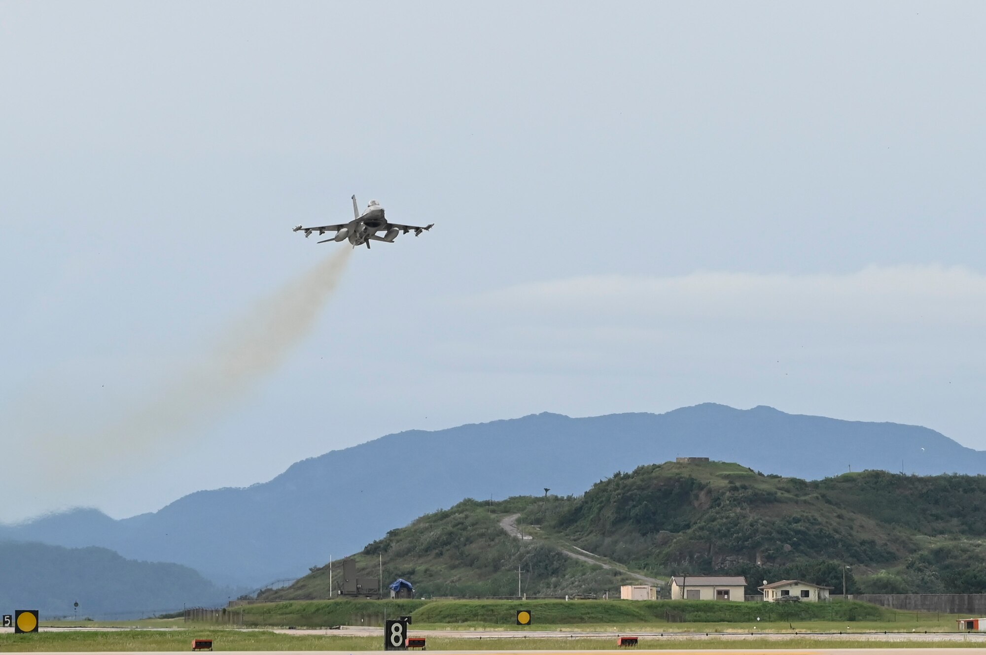 An F-16 Fighting Falcon assigned to the 8th Fighter Wing takes off from the flight line for a training mission.