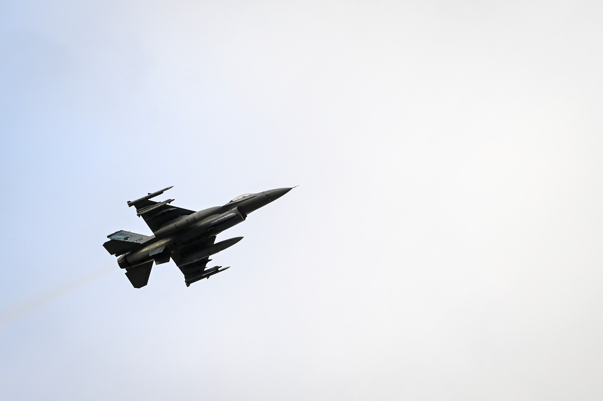An F-16 Fighting Falcon assigned to the 8th Fighter Wing takes off from the flight line for a training mission.