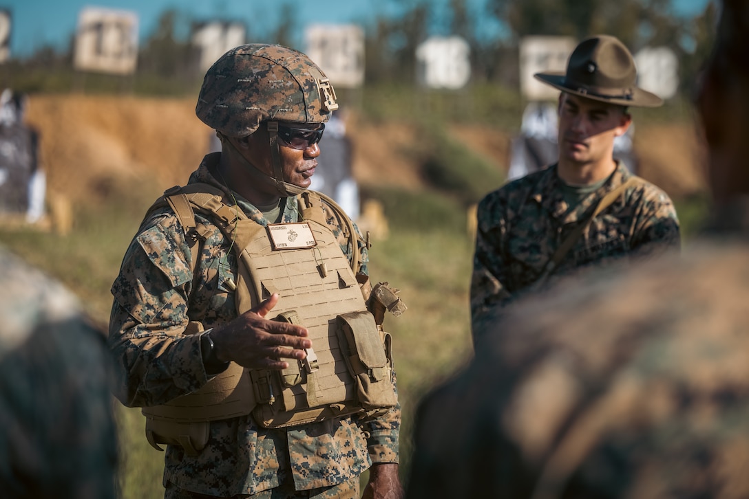 U.S. Marine Corps Brig. Gen. Anthony Henderson, commanding general of Training Command, speaks to Marines at Weapons Training Battalion on Marine Corps Base Quantico, Virginia, Sept. 5, 2024. Training Command develops, sustains, and enhances individual military knowledge, skills, and attitudes in Marines to meet warfighting requirements of the total force. (U.S. Marine Corps photo by Lance Cpl. Ethan Miller)