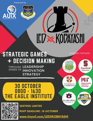 LEDx: Kobayashi will take place 0800-1630 on October 30th, 2024. The event them is strategic games and decision making. Seating is limited so be sure to sign with the QR code or link included by October 18th.