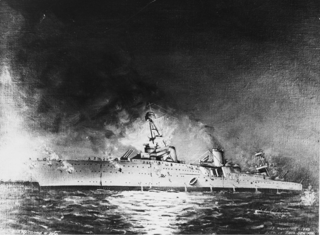 Sinking of USS Houston (CA-30) in the battle of Sunda Strait, 1 March 1942. (Painting by Joe T. Fleischman, 1950 (NHHC NH 93153))