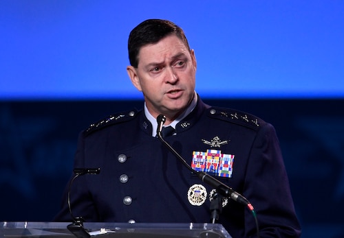 Chief of Space Operations Gen. Chance Saltzman delivers a keynote address at the Air and Space Forces Association’s Air, Space and Cyber Conference in National Harbor, Md., Sept 17, 2024. The technology exposition brings together Air Force and Space Force leadership, industry experts, academia as well as aerospace and cyberspace specialists from around the world to discuss the issues and challenges facing America today. (U.S. Air Force photo by Andy Morataya)