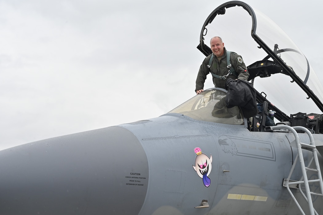 U.S. Air Force Maj. Gen. Duke Pirak, Deputy Director, Air National Guard, climbs into the cockpit of the F-15D Eagle for his first flight in the Eagle in five years at Kingsley Field in Klamath Falls, Oregon, September 16, 2024.