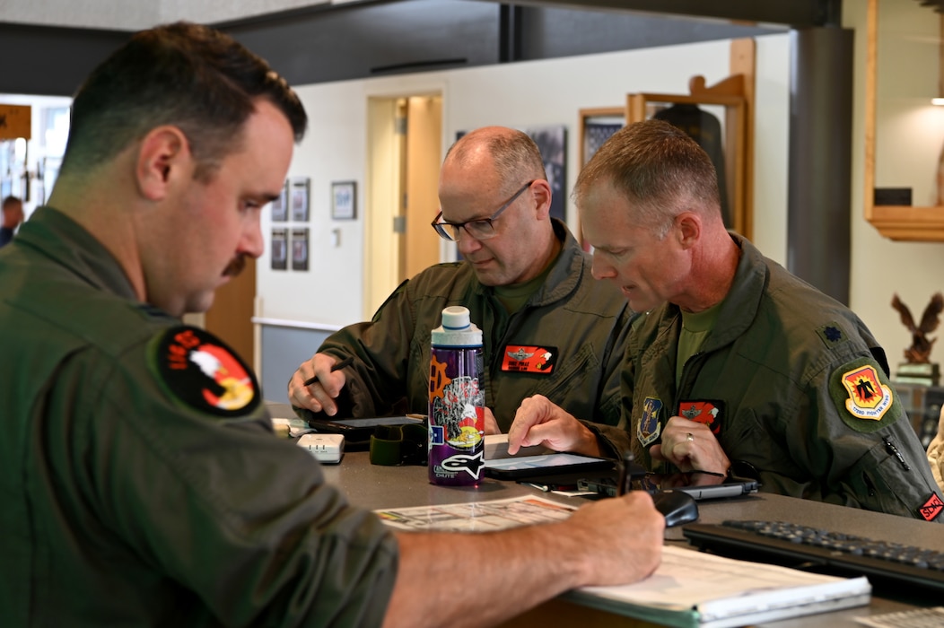 U.S. Air Force Maj. Gen. Duke Pirak, Deputy Director, Air National Guard, receives his mission briefing.