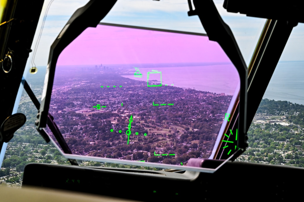 A 757th Airlift Squadron C-130J-30 Super Hercules aircrew flies toward Huntington Bank Field in Cleveland, Ohio, Sept. 22, 2024.