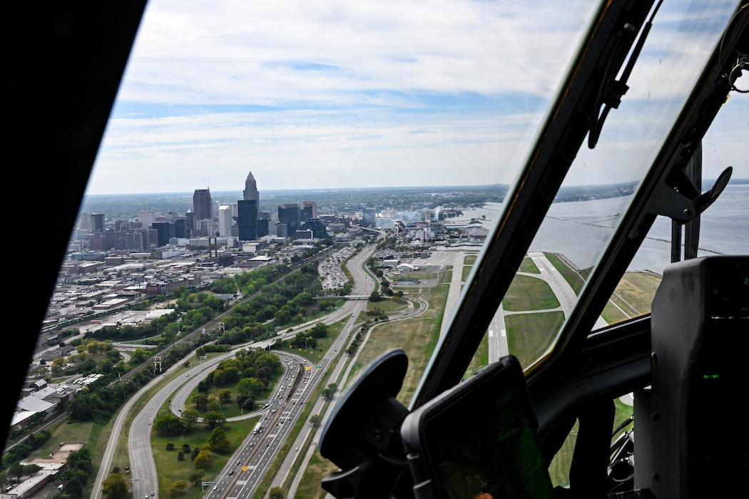 A 757th Airlift Squadron C-130J-30 Super Hercules aircrew flies toward Huntington Bank Field in Cleveland, Ohio, Sept. 22, 2024.