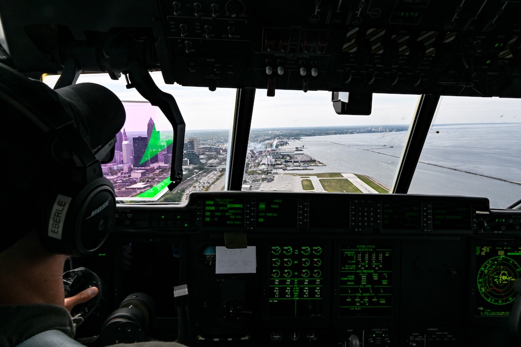 A 757th Airlift Squadron C-130J-30 Super Hercules aircrew flies toward Huntington Bank Field in Cleveland, Ohio, Sept. 22, 2024.