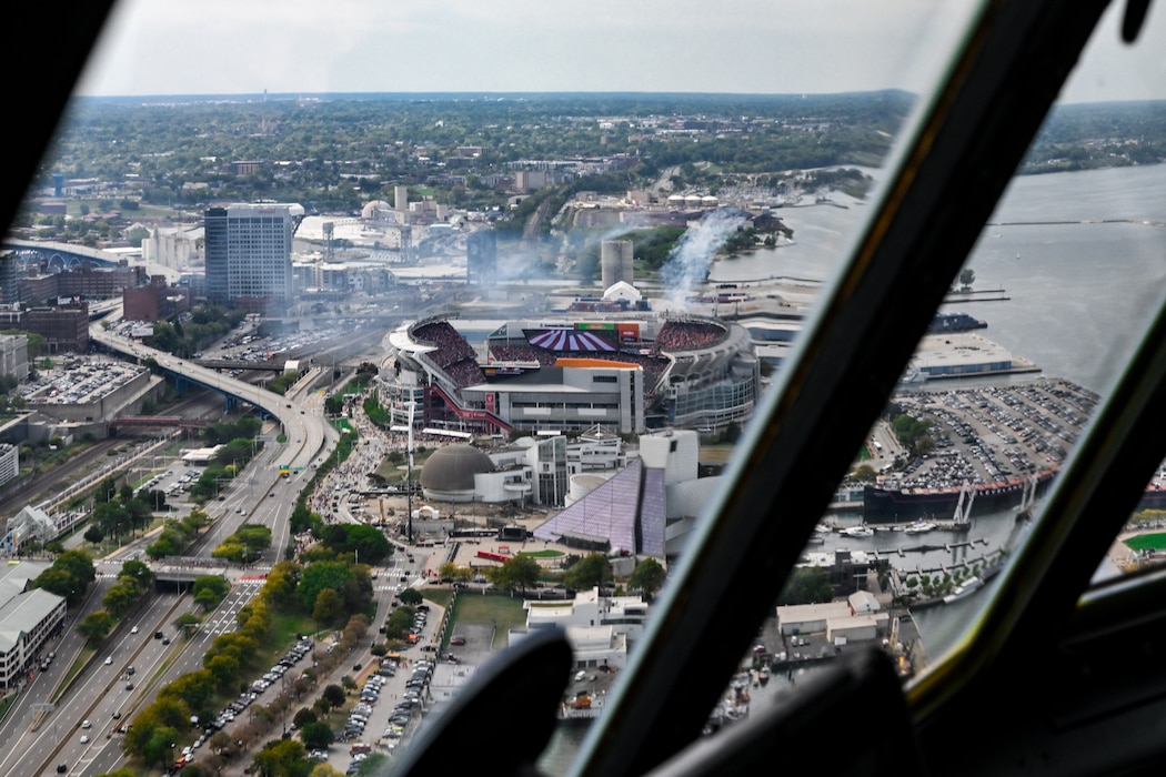 A 757th Airlift Squadron C-130J-30 Super Hercules aircrew flies toward Huntington Bank Field in Cleveland, Ohio, Sept. 22, 2024.