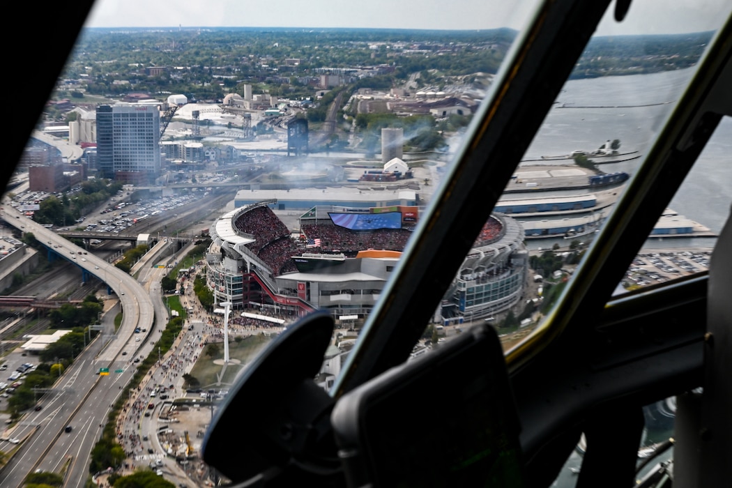 A 757th Airlift Squadron C-130J-30 Super Hercules aircrew flies toward Huntington Bank Field in Cleveland, Ohio, Sept. 22, 2024.