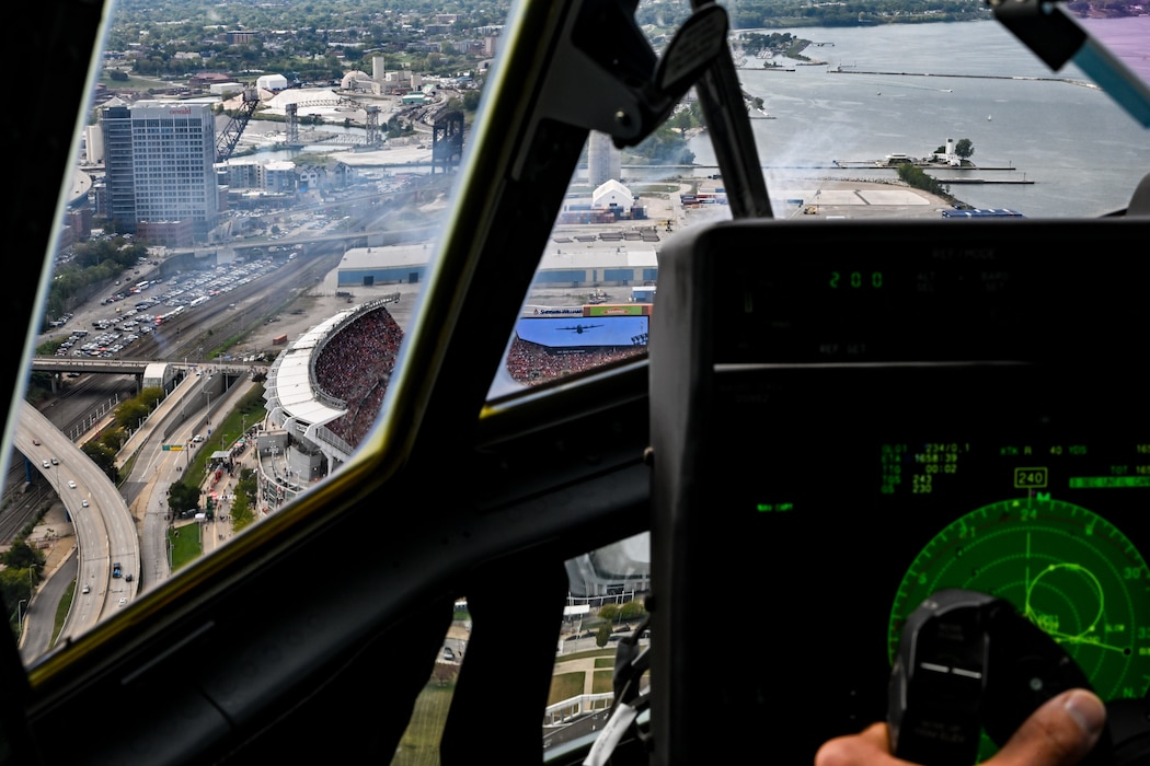 A 757th Airlift Squadron C-130J-30 Super Hercules aircrew flies toward Huntington Bank Field in Cleveland, Ohio, Sept. 22, 2024.