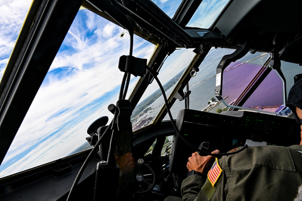 A 757th Airlift Squadron C-130J-30 Super Hercules aircrew flies over Huntington Bank Field in Cleveland, Ohio, Sept. 22, 2024.