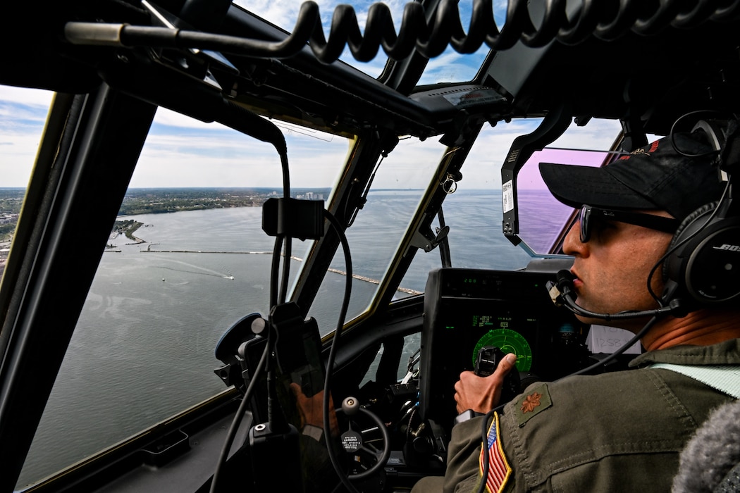 A 757th Airlift Squadron C-130J-30 Super Hercules aircrew flies over Huntington Bank Field in Cleveland, Ohio, Sept. 22, 2024.