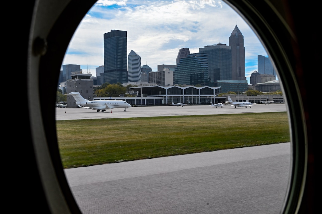 A 757th Airlift Squadron C-130J-30 Super Hercules aircrew lands at Burke Lakefront Airport after flying over Huntington Bank Field in Cleveland, Ohio, Sept. 22, 2024.