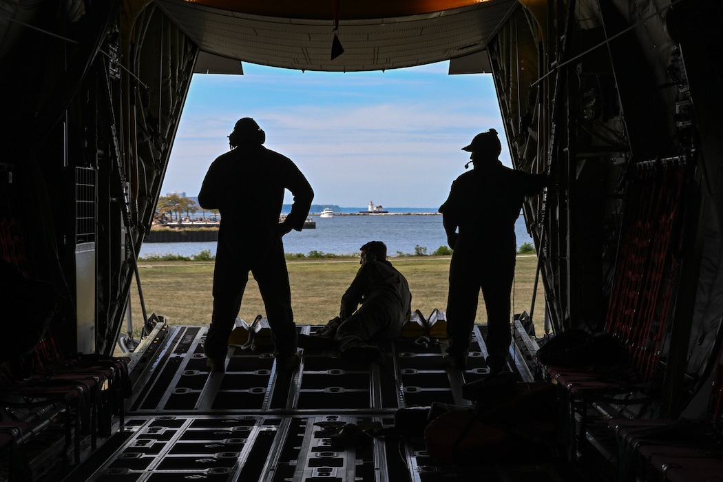 A 757th Airlift Squadron C-130J-30 Super Hercules aircrew taxis at Burke Lakefront Airport after flying over Huntington Bank Field in Cleveland, Ohio, Sept. 22, 2024.