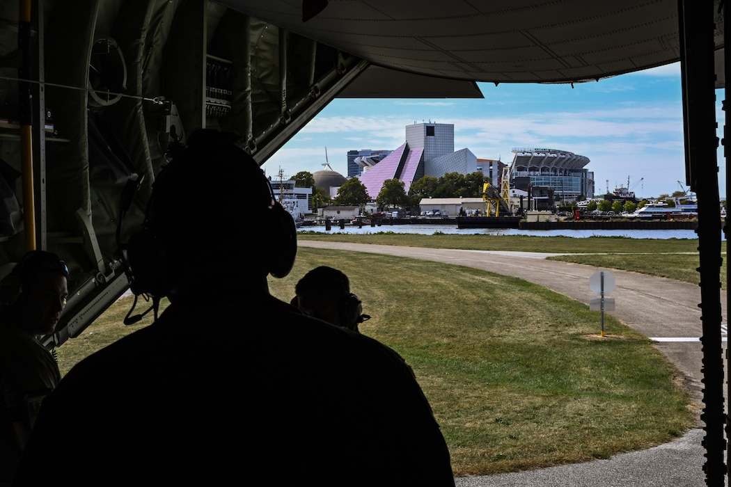 A 757th Airlift Squadron C-130J-30 Super Hercules aircrew parks their aircraft at Burke Lakefront Airport after flying over Huntington Bank Field in Cleveland, Ohio, Sept. 22, 2024.