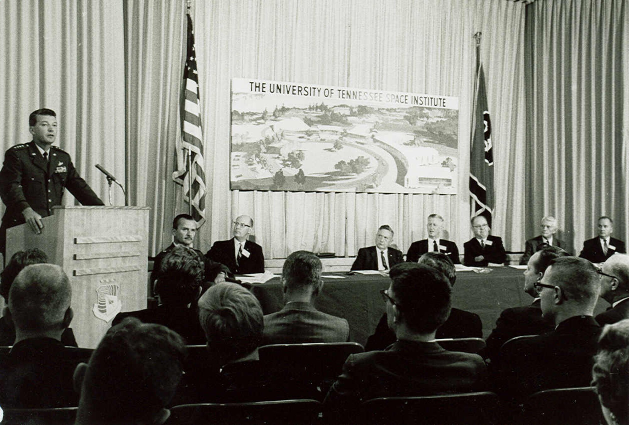 Gen. Bernard Schriever, commander of the Air Force Systems Command, addressed those gathered for the first convocation of the University of Tennessee Space Institute Sept. 25, 1964, at Arnold Air Force Base, Tenn. The first UTSI classes began on Sept. 24, 1964, in offices provided by the Air Force at Arnold Air Force Base, Tenn., headquarters of Arnold Engineering Development Complex. In November 1965, the first classes were held on the UTSI campus, which is now situated across 365 acres of property near Arnold AFB. (U.S. Air Force photo)