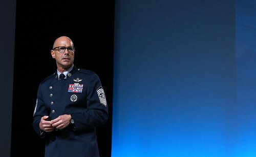 Chief Master Sgt. of the Space Force John F. Bentivegna gives a keynote address at the Air and Space Forces Association’s Air, Space & Cyber Conference, National Harbor, Md., Sept. 17, 2024. The technology exposition brings together Air Force leadership, industry experts, academia as well as aerospace and cyberspace specialists from around the world to discuss the issues and challenges facing America today. (U.S. Air Force photo by Chad Trujillo)