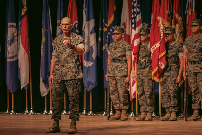 U.S. Marine Corps Lt. Gen. Kevin Iiams, a Louisiana native and outgoing commanding general of Training and Education Command, addresses attendees during a change of command ceremony on Marine Corps Base Quantico, Virginia, August 9, 2024. TECOM leads Marine Corps Training and Education from individual entry-level training, professional military education and continuous professional development, through unit, collective, and service-level training in order to produce warfighters for the Fleet Marine Force to build and sustain combat readiness. (U.S. Marine Corps photo by Lance Cpl. Ethan Miller)