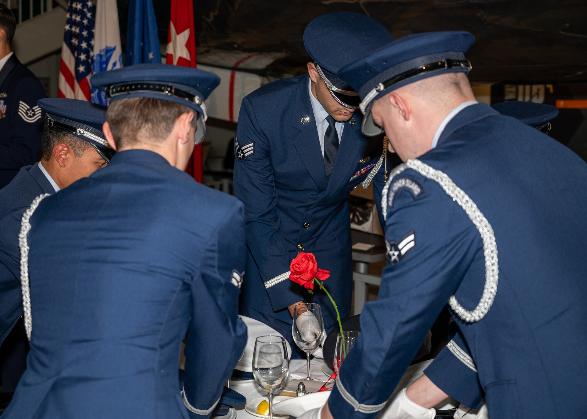 The Honor Guard performs the POW/MIA table ceremony during the 2024 Team McChord Air Force Ball at the Seattle Museum of Flight in Tukwila, Washington, Sept. 20, 2024.