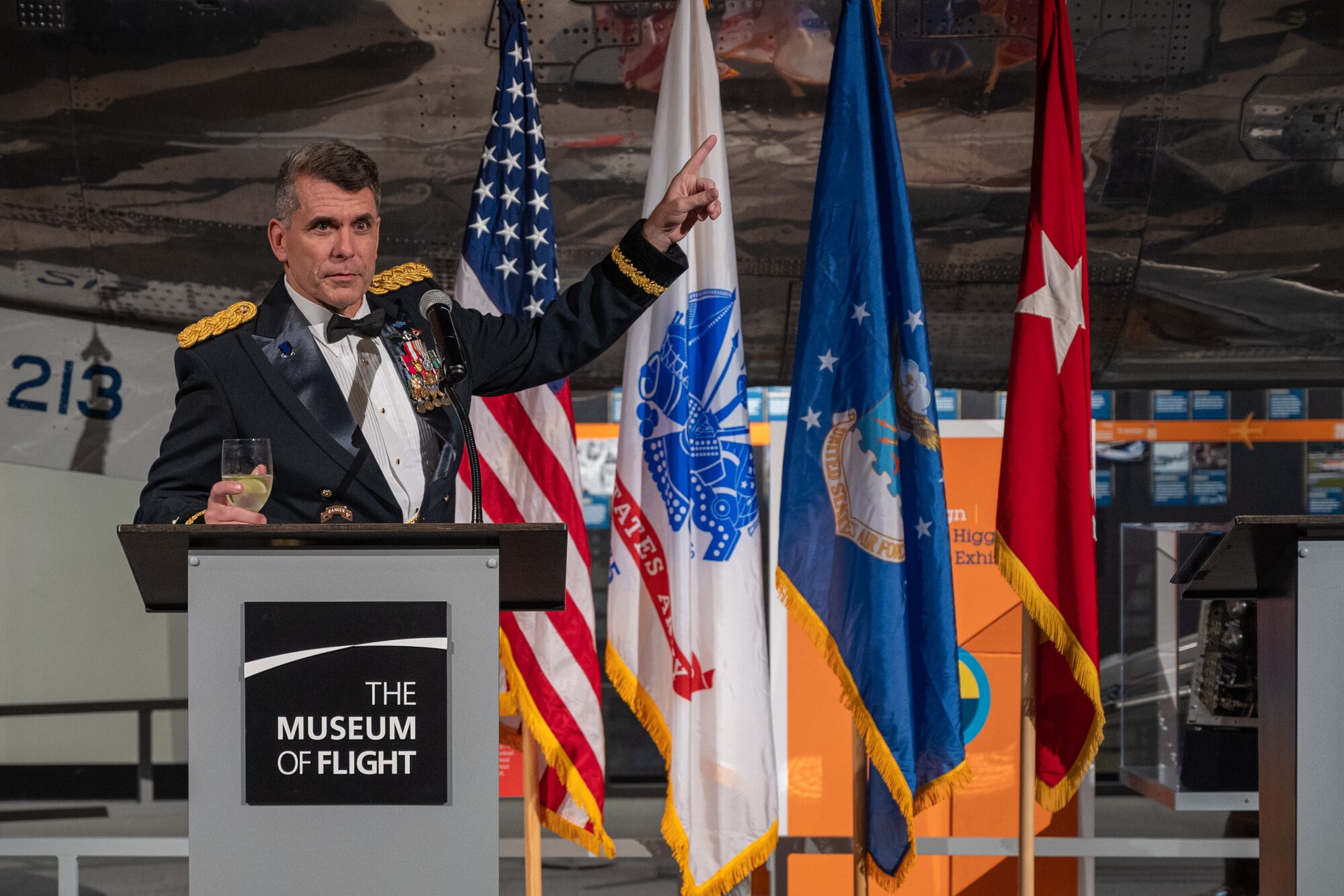 U.S. Army Maj. Gen. Matthew McFarlane, deputy commanding general of America’s First Corps, gives his remarks during the 2024 Team McChord Air Force Ball at the Seattle Museum of Flight in Tukwila, Washington, Sept. 20, 2024.