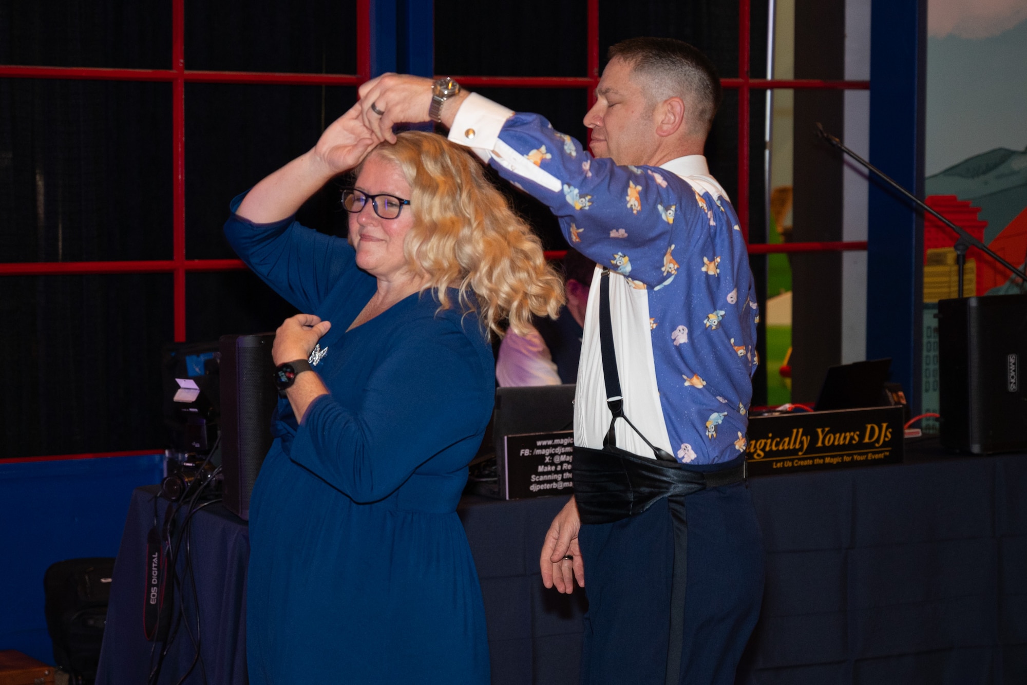 Mrs. Debi Bloom and U.S. Air Force Staff Sgt. Christopher Bloom, 62d Medical Squadron noncommissioned officer in charge, dance during the 2024 Team McChord Air Force Ball at the Seattle Museum of Flight in Tukwila, Washington, Sept. 20, 2024.