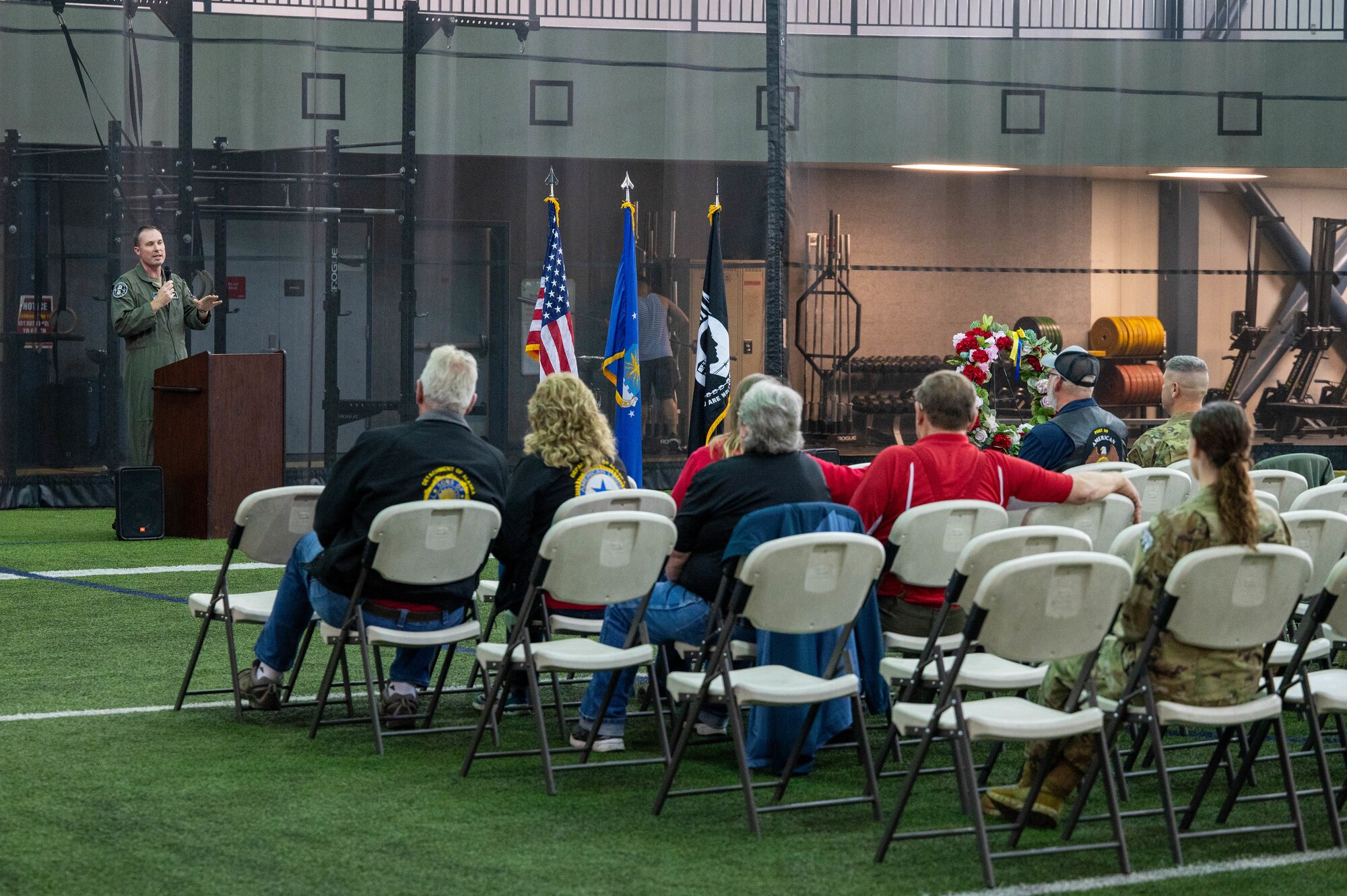 U.S. Air Force Col. Michael Mullin, 354th Fighter Wing deputy commander, delivers remarks at the conclusion of the 24 hour POW/MIA run at Eielson Air Force Base, Alaska, Sept. 20, 2024.