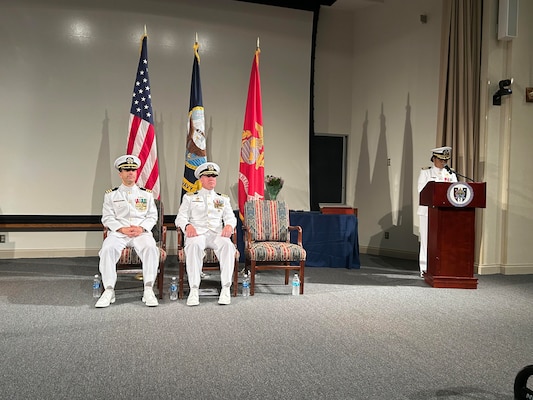 The Navy Bloodborne Infection Management Center (NBIMC) held a change of charge ceremony on August 23, 2024, at Naval Support Activity Bethesda, Maryland. During the ceremony Capt. Nimfa Teneza-Mora, speaks to the audience about the many adventures that she had in the Navy and her time as the officer in charge of the NBIMC. Under Teneza-Mora leadership, the NBIMC maximized support for service members with positive test results, facilitated their expeditious notification and linkage to medical care and treatment, promoting these service members’ health, wellness, and expeditious return to full duty. (Navy courtesy photo by Mrs. Ashley Hoffman)