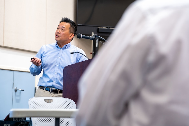 Doland Cheung, project manager with the U.S. Army Corps of Engineers Los Angeles District, speaks during a public meeting regarding the ongoing San Diego County Shoreline (Oceanside) Mitigation Study Sept. 16 at the Oceanside Civic Center Library in Oceanside, California. During the meeting, attendees received a presentation about the study, which included information on various facets, including background, area, authorization, planning process, history, current and future conditions, project alternatives, evaluation process and environmental compliance.