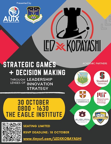 LEDx: Kobayashi will take place 0800-1630 on October 30th, 2024. The event them is strategic games and decision making. Seating is limited so be sure to sign with the QR code or link included by October 18th.