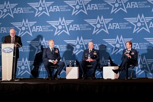 (L-R) John Tirpak, Air and Space Forces Magazine editorial director, U.S. Air Force Maj. Gen. David Shoemaker, Air Combat Command director of operations, Lt. Gen. Michael Schmidt, F-35 Lightning II Program executive officer and director, and Maj. Gen. Regina Sabric, 10th Air Force commander, present during a Air and Space Forces Association conference in National Harbor, Maryland, Sept. 17, 2024. The panel discussed the integration of the F-35 into the Air Force.