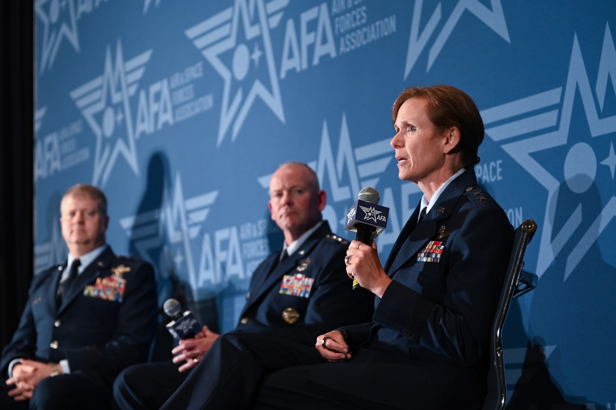 U.S. Air Force Maj. Gen. Regina Sabric, 10th Air Force commander, speaks during an Air and Space Forces Association conference in National Harbor, Maryland, Sept. 17, 2024. Sabric discussed the arrival of F-35s to the 301st Fighter Wing, the Air Force Reserve Command's first stand-alone F-35 wing responsible for owning, maintaining, and operating the F-35 mission.