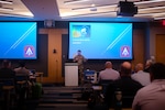 Colonel Brian Bettis, Force Protection director at U.S. Army North speaks to interagency and law enforcement professionals at the Texas Energy Security Working Group Sept.18, 2024 in Dallas.