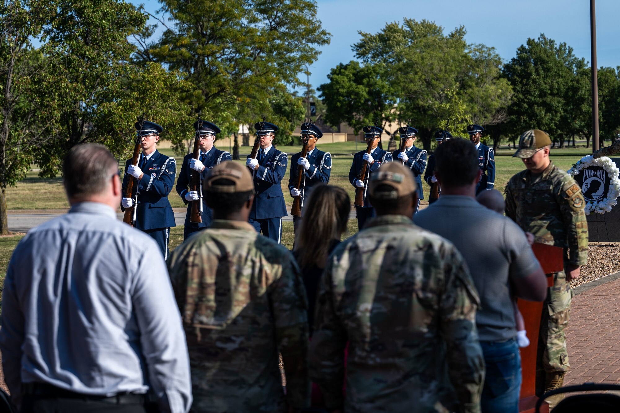 The 22nd Air Refueling Wing Honor Guard marches in formation during the POW/MIA week opening ceremony at McConnell Air Force Base, Kansas, Sept. 16, 2024. Since World War II, more than 81,500 U.S. service members remain unaccounted for. (U.S. Air Force photo by Airman 1st Class Paula Arce)