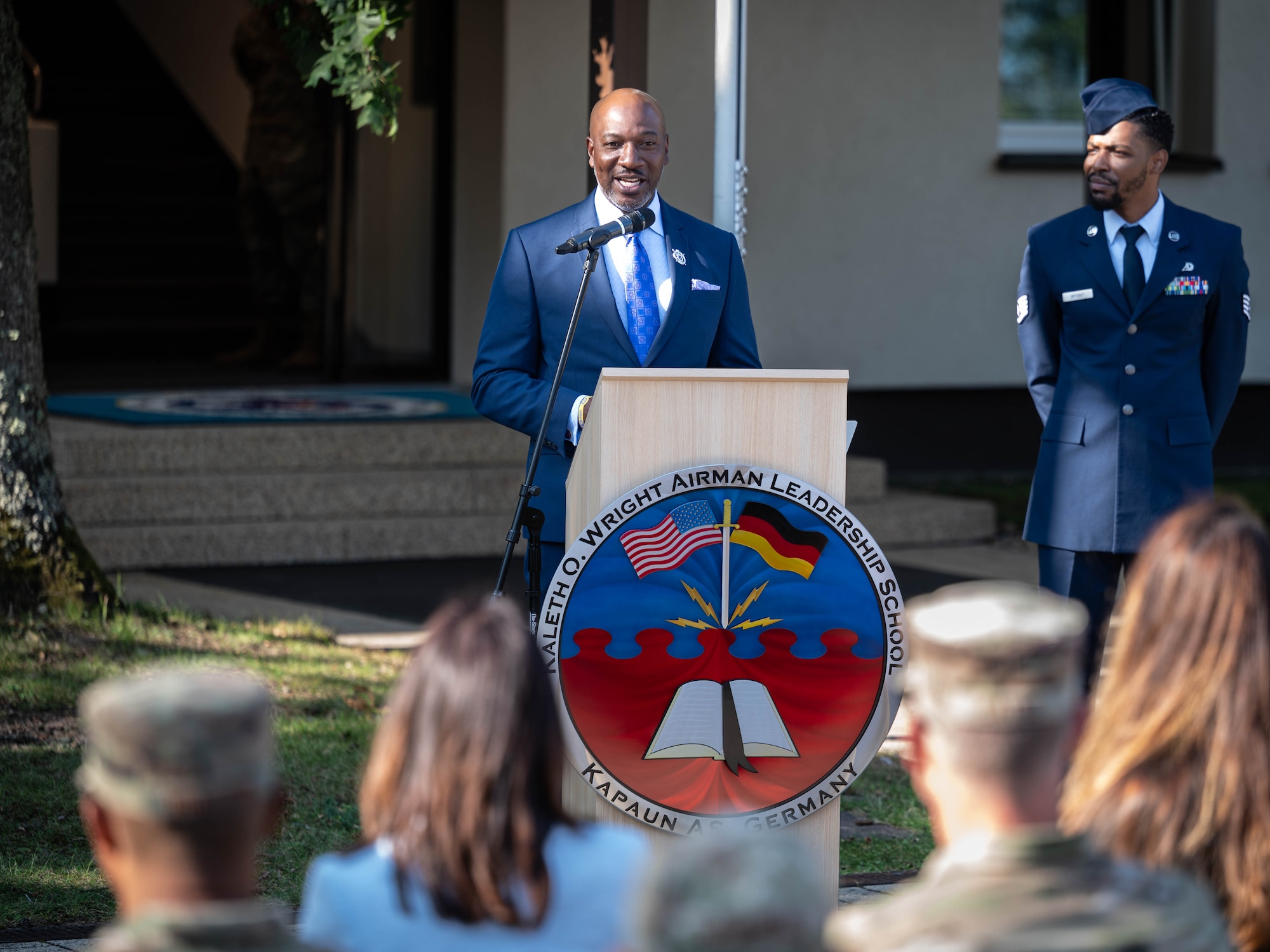 Retired U.S. Air Force Chief Master Sergeant of the Air Force #18, Kaleth O. Wright, gives a speech during the Airman Leadership School renaming ceremony at Kapaun Air Station, Germany, Sept. 19, 2024. The Airman Leadership School was renamed in honor of Wright, recognizing his impact as an educator and leader of the enlisted force. (U.S. Air Force Photo by Senior Airman Jared Lovett)