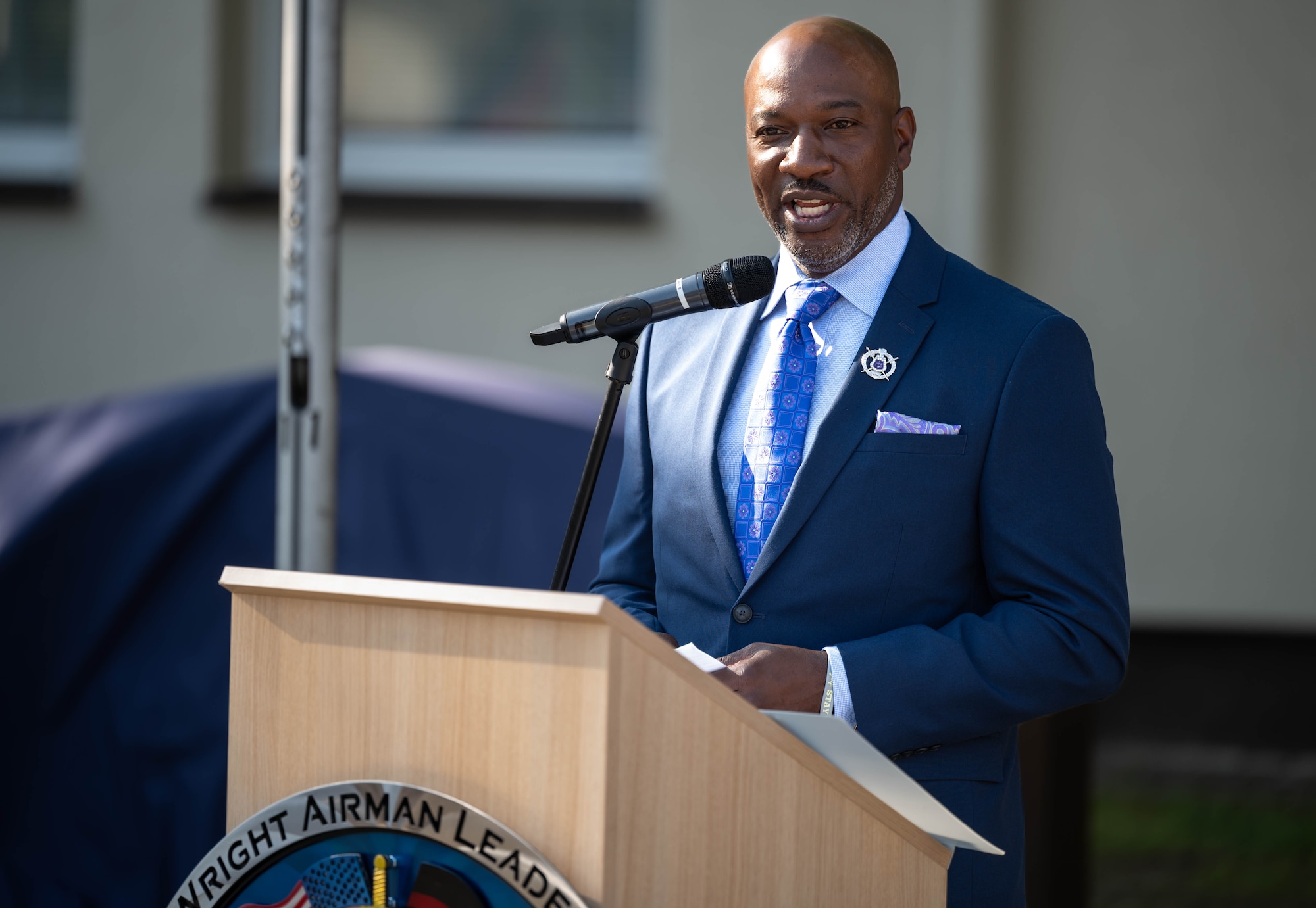 Retired U.S. Air Force Chief Master Sergeant of the Air Force #18, Kaleth O. Wright, gives a speech during the Airman Leadership School renaming ceremony at Kapaun Air Station, Germany, Sept. 19, 2024. The Airman Leadership School was renamed in honor of Wright, who served there as an instructor. (U.S. Air Force Photo by Senior Airman Jared Lovett)