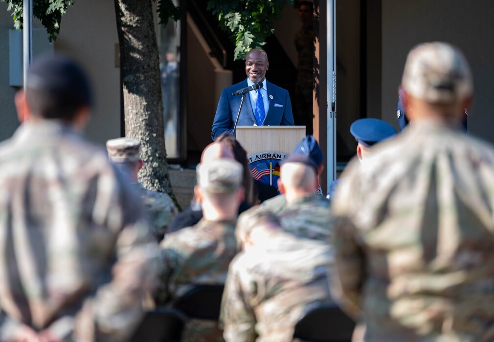Retired U.S. Air Force Chief Master Sergeant of the Air Force #18, Kaleth O. Wright, gives a speech during the Airman Leadership School renaming ceremony at Kapaun Air Station, Germany, Sept. 19, 2024. The Airman Leadership School was renamed in honor of Wright, recognizing his impact as an educator and leader of the enlisted force. (U.S. Air Force Photo by Senior Airman Jared Lovett)