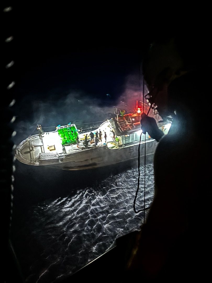 The U.S. Navy’s Helicopter Sea Combat Squadron 25 (HSC-25) conduct a successful medical evacuation of a 37-year-old crewman from the 95-foot Chinese Taipei-flagged fishing vessel Jin Hsiang Fa approximately 138 nautical miles northwest of Saipan on Sept. 21, 2024, with coordination from U.S. Coast Guard Forces Micronesia/Sector Guam. Following a request for assistance from the Rescue Coordination Center (RCC) Taipei at 10:30 p.m. on Sept. 20, the Joint Rescue Sub-Center (JRSC) Guam began coordinating the response with HSC-25. (U.S. Navy photo)