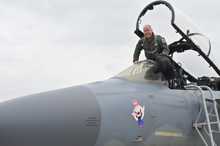 U.S. Air Force Maj. Gen. Duke Pirak, acting director, Air National Guard, climbs into the cockpit of the F-15D Eagle for his first flight in the Eagle in five years at Kingsley Field in Klamath Falls, Oregon, Sept.16, 2024. The 173rd Fighter Wing at Kingsley Field provides initial and requalification training.