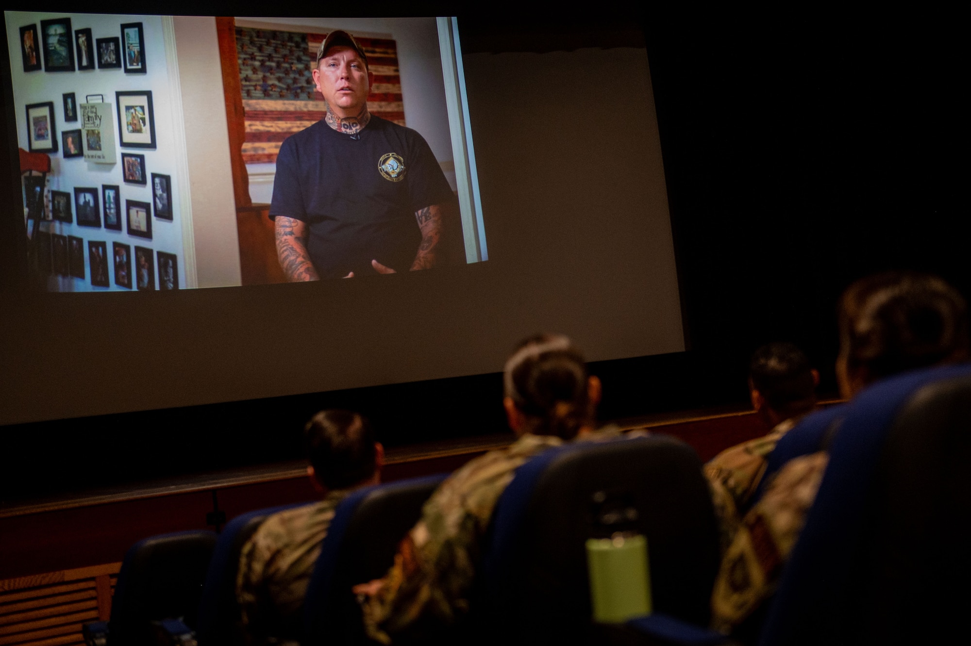 Joint Base McGuire-Dix-Lakehurst members watch the screening of the documentary, “PTSD: The Walking Wounded,” during You Matter Day at JB MDL, N.J., Sept. 19, 2024. The documentary was shown to focus on the invisible wounds the military community copes with every day to remind veterans and military personnel that they are not alone. (U.S. Air Force photo by Jewaun McElroy)